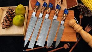 5-Piece Hand Forged Damascus Steel Chef's Knife Set with Wood Handles-Premium Kitchen Knife Set HSKK-204  Himalayan steel