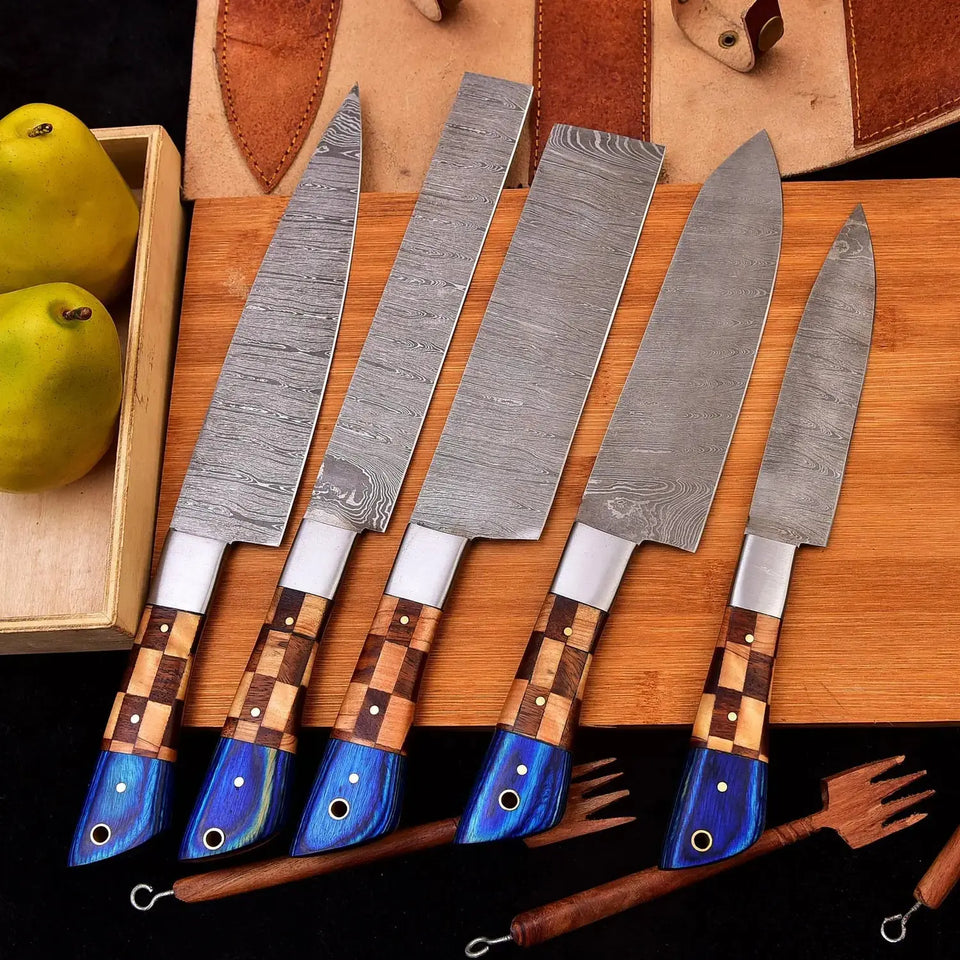 5-Piece Hand Forged Damascus Steel Chef's Knife Set with Wood Handles-Premium Kitchen Knife Set HSKK-204  Himalayan steel