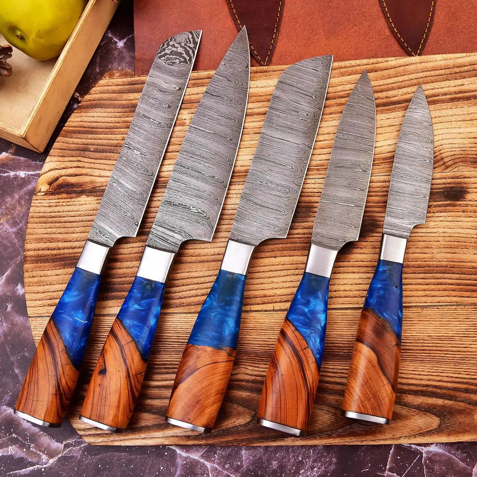 5-Piece Handmade Damascus Steel Chef Knife Set Kitchen Knives with Olive Wood and Resin Handles HSKK-203  Himalayan steel