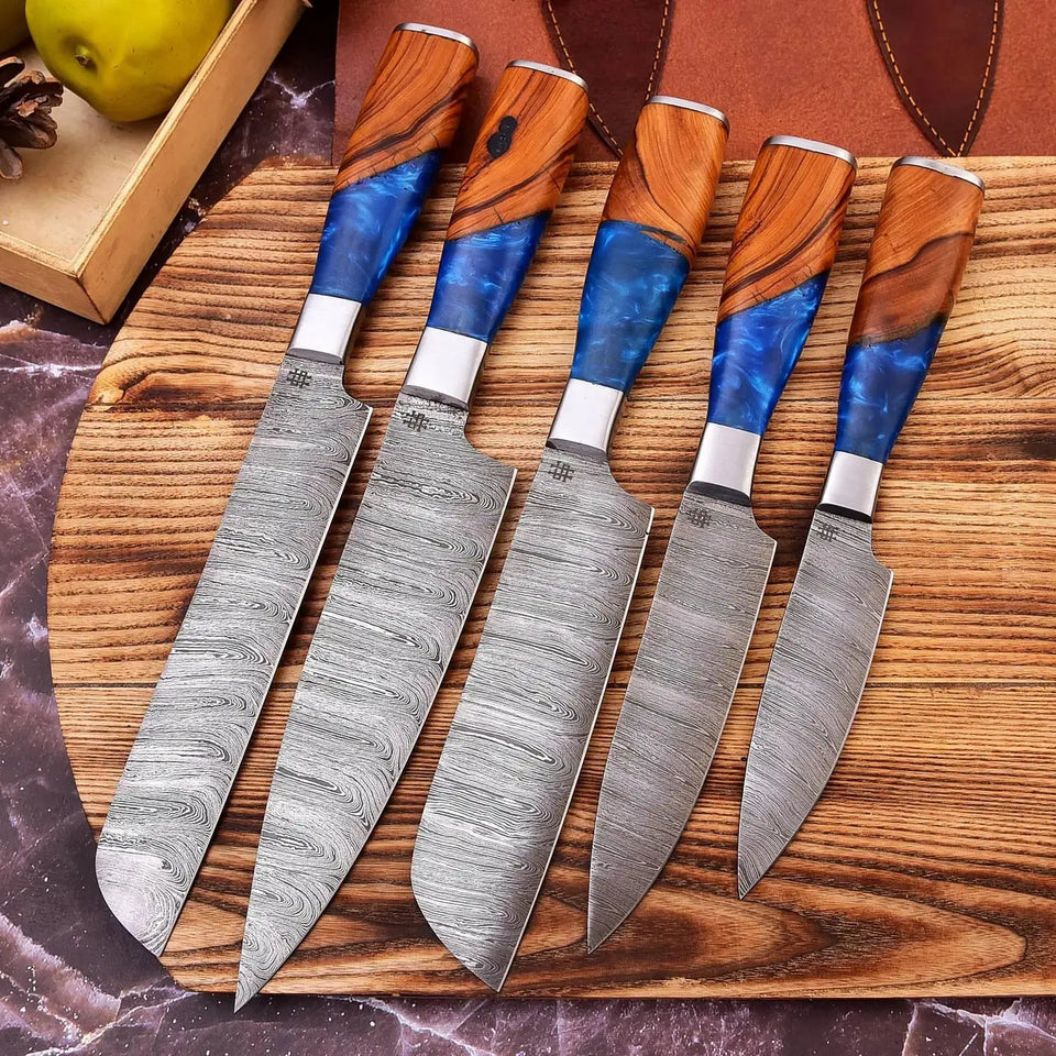 5-Piece Handmade Damascus Steel Chef Knife Set Kitchen Knives with Olive Wood and Resin Handles HSKK-203  Himalayan steel