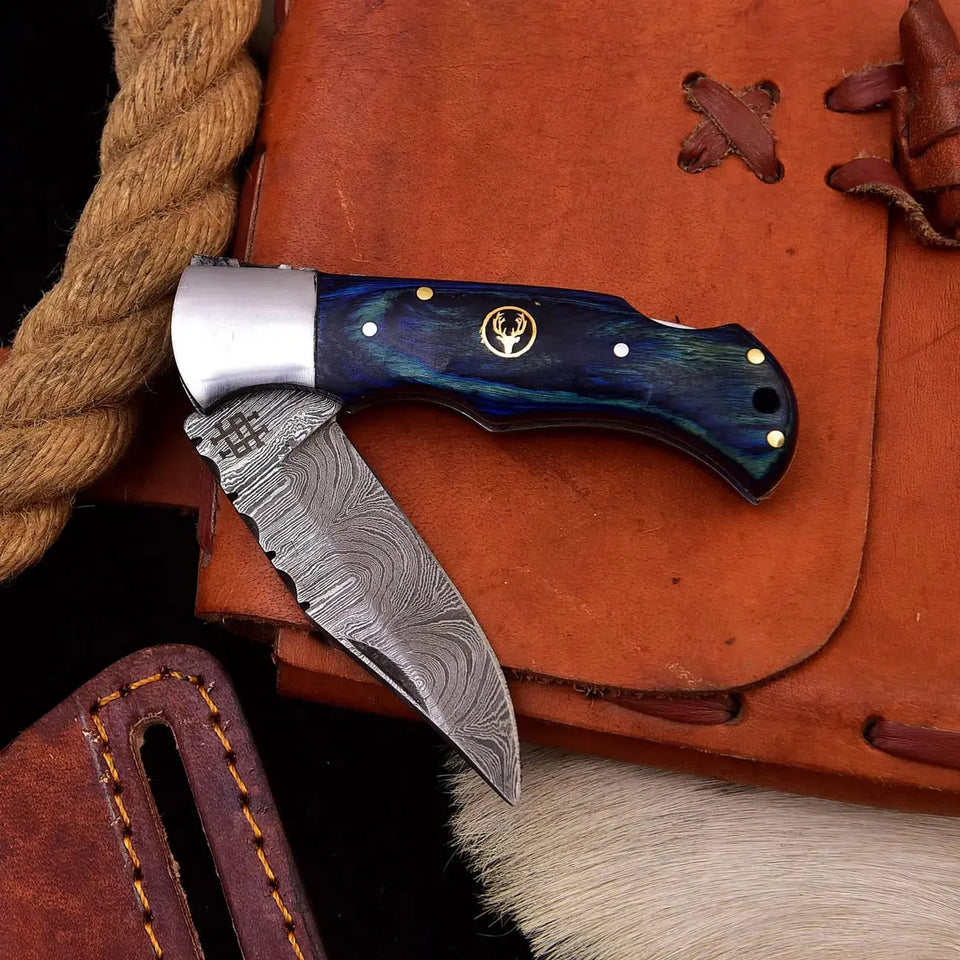 Custom Handmade Damascus Steel Folding Pocket Knife with Steel Bolster-Camping Folding Blade HSFK-4013  Himalayan steel