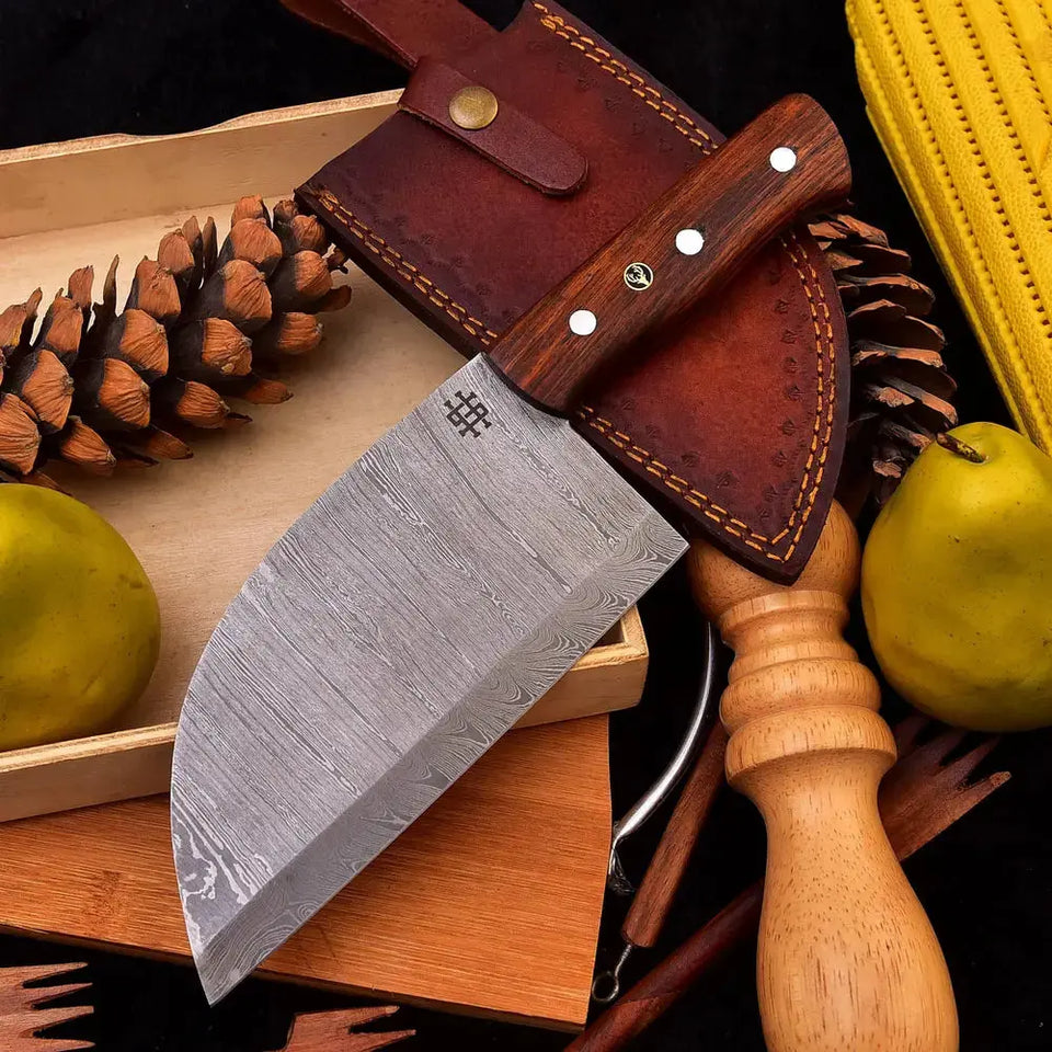 Custom Handmade Forged Damascus Steel Cleaver Knife With Leather Sheath-Best Chef Knife  Himalayan steel