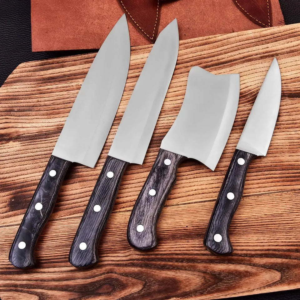 Custom Made J2 Steel Kitchen Knives 4-Piece Handmade Chef Knife Set With Leather Cover HSKK-209  Himalayan steel