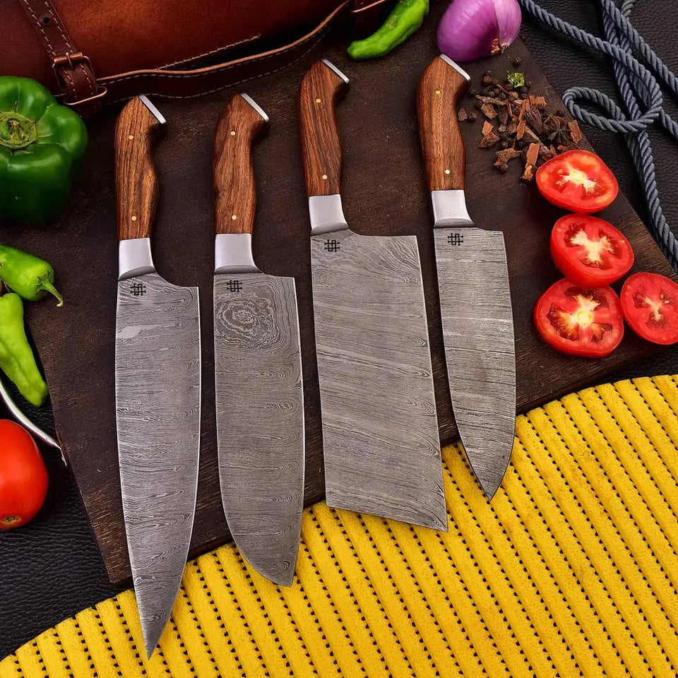 Custom Handmade Twist Damascus Steel Chef's Knife-4 Piece Kitchen Knife Set HSKK-202  Himalayan steel