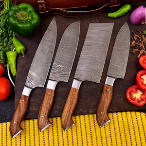 Custom Handmade Twist Damascus Steel Chef's Knife-4 Piece Kitchen Knife Set HSKK-202  Himalayan steel