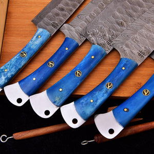 Forged Damascus 5-Piece Chef Knife Set with Blue Camel Bone Handles HSKK-208 - Himalayan steel