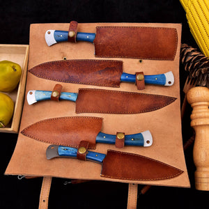 Forged Damascus 5-Piece Chef Knife Set with Blue Camel Bone Handles HSKK-208 - Himalayan steel