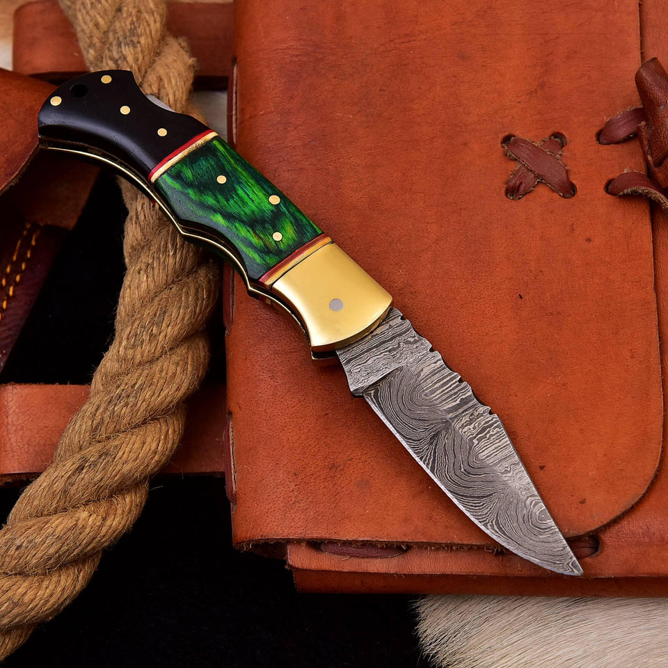 Damascus Pocket Craft Knife with Steel Bolster and Hard Wood Handle HSFK-4015 - Himalayan steel