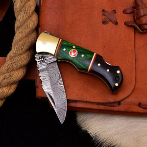 Damascus Pocket Craft Knife with Steel Bolster and Hard Wood Handle HSFK-4015 - Himalayan steel