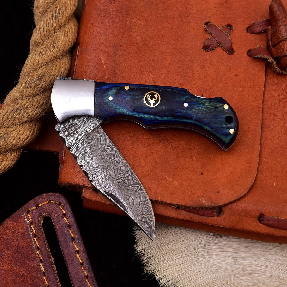 Damascus Pocket Craft Knife with Steel Bolster and Hard Wood Handle HSFK-4013 - Himalayan steel