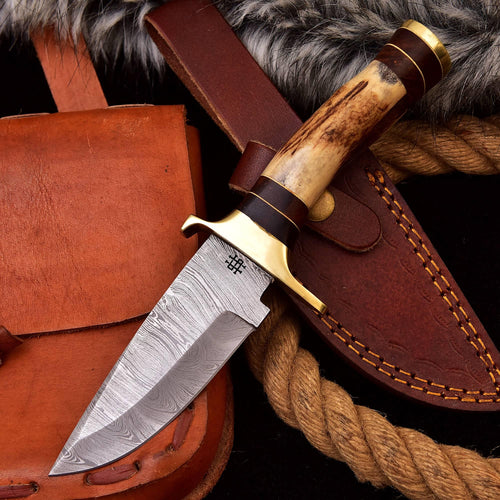 Custom Hand Forged Damascus Steel Fishing Brass Guard fishing Knife & Stag Handle and Hard Wood Spacers HSHK-113 - Himalayan steel