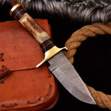 Custom Hand Forged Damascus Steel Fishing Brass Guard fishing Knife & Stag Handle and Hard Wood Spacers HSHK-113 - Himalayan steel