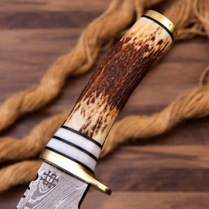 Guthook Damascus Fishing Knife with Stag Horn and Hard Wood Handle HSHK-105 - Himalayan steel