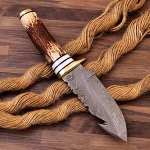 Guthook Damascus Fishing Knife with Stag Horn and Hard Wood Handle HSHK-105 - Himalayan steel