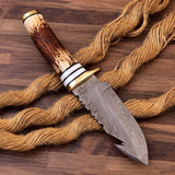 Guthook Damascus Fishing Knife with Stag Horn and Hard Wood Handle HSHK-105 - Himalayan steel