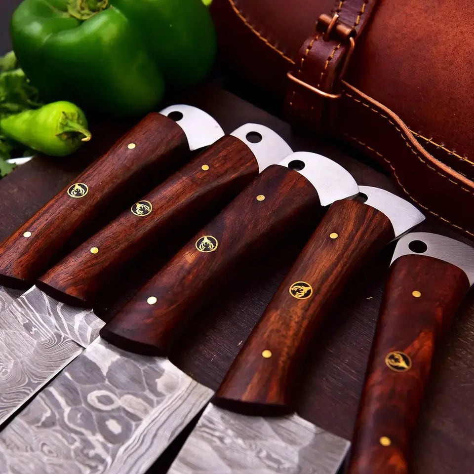 Premium Handmade Damascus Steel Kitchen Knife Set-5 Piece Chef's Knife With Leather Roll HSKK-201  Himalayan steel