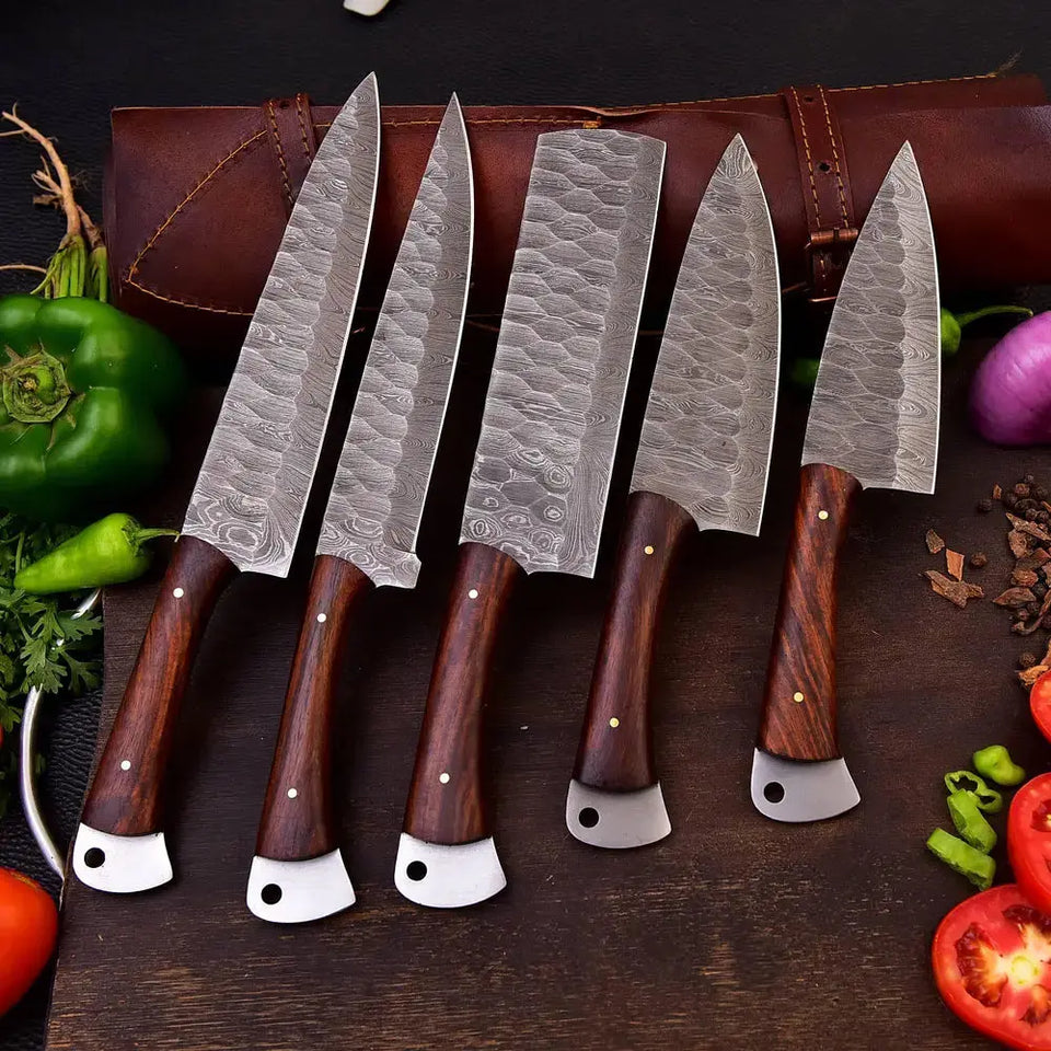 Premium Handmade Damascus Steel Kitchen Knife Set-5 Piece Chef's Knife With Leather Roll HSKK-201  Himalayan steel