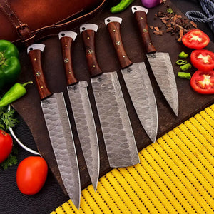 Premium Handmade Damascus Steel Kitchen Knife Set-5 Piece Chef's Knife With Leather Roll HSKK-201  Himalayan steel